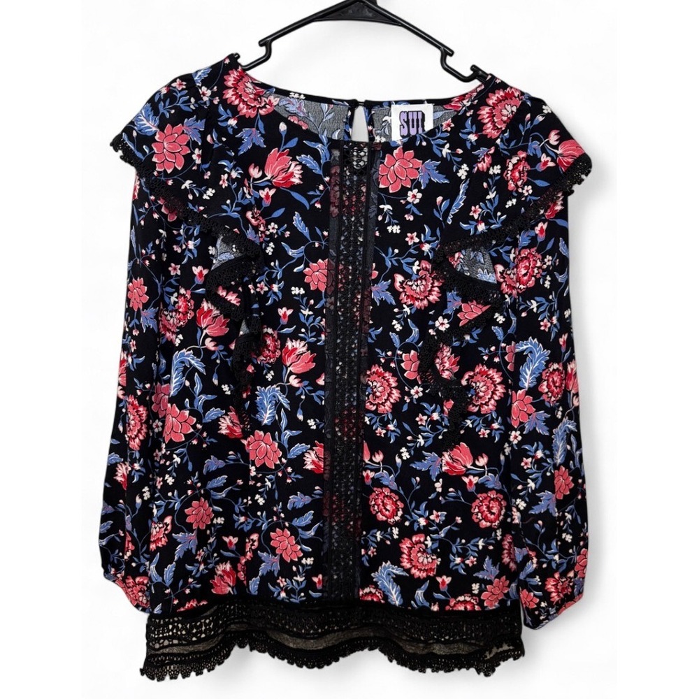 SUI by Anna Sui Floral Lace Trim Ruffle Blouse Black Pink Blue Small